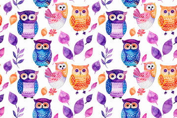 Seamless pattern with colorful owls and leaves on a white background. This decorative tile is perfect for children's room decor and playful themes.