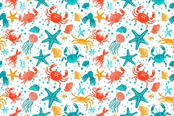 Colorful sea creatures and starfish on a white background. This seamless pattern is perfect for ocean and marine-themed decor.