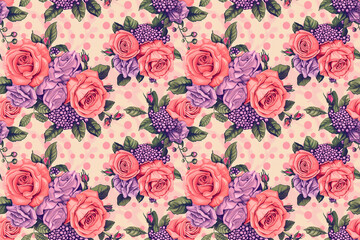 Vintage floral pattern with roses and lilacs on a dotted background, creating a seamless and charming design perfect for decoration