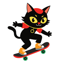 A black cat playing on a skateboard, white background