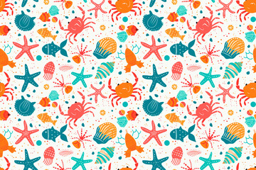 Seamless pattern with colorful sea creatures like crabs, starfish, and fish. Playful and vibrant design perfect for beach-themed decor and kids' textiles.