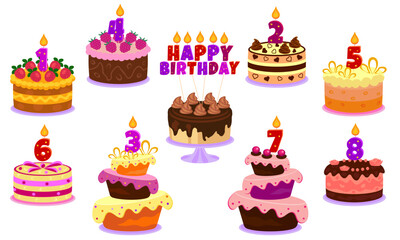 Birthday cakes set with candles and numbers for 1, 2, 3, 4, 5, 6, 7, 8 years, vector. Happy birthday candle.