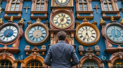 Man moving through time  symbolic journey amidst clocks representing aging and the passage of time