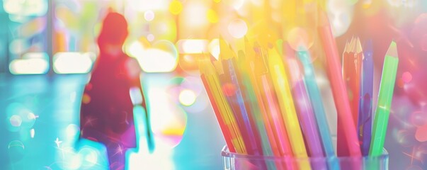 Bright and colorful image featuring a back-to-school theme with pencils in a holder and a blurred figure of a student in the background.