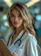 Confident Female Doctor with Stethoscope in Modern Hospital