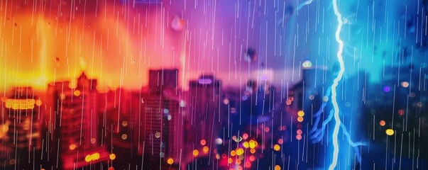 Fototapeta premium Dynamic cityscape under heavy rain with a striking lightning bolt, featuring vibrant and dramatic lighting effects.