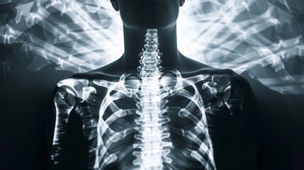 High-contrast x-ray image of the human upper body, highlighting the spine and rib cage with a dramatic light effect.