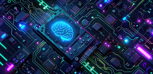 Fototapeta premium Futuristic Circuit Board with Illuminated Brain Icon - Artificial intelligence