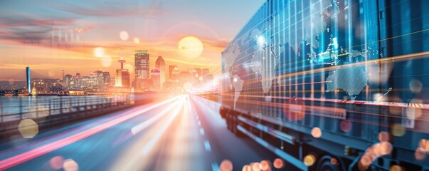 High-speed urban transportation concept with a truck on a highway moving towards a modern city skyline during sunset, representing logistics.