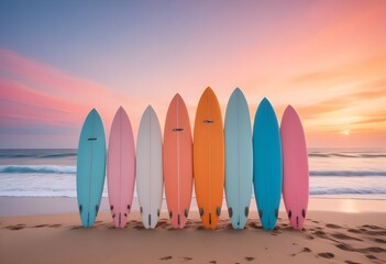  A row of colorful surfboards on a beach at sunset , with the sun setting over the ocean in the background