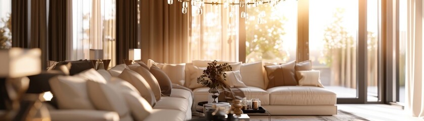Modern luxurious living room with elegant decor, large windows, and comfortable seating in a sunlit space, perfect for relaxation.