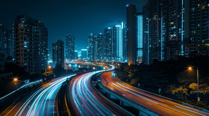 Obraz premium Night cityscape with light trails on busy highways, surrounded by illuminated modern skyscrapers in an urban setting.