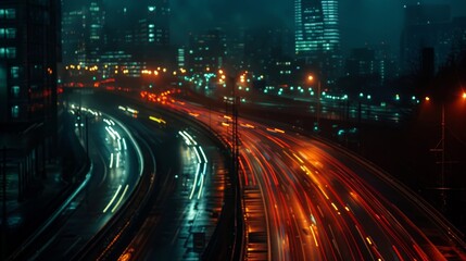 Obraz premium Night time cityscape with busy traffic on illuminated roads, streaks of light from cars creating dynamic energy in the urban environment.