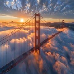 A golden sunrise reveals the iconic Golden Gate Bridge enveloped in morning fog over the water