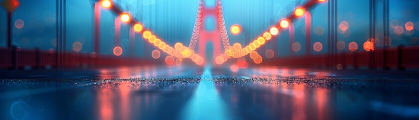 Golden Gate Bridge's suspension cables in dawn fog showcase engineering beauty with a focus on...