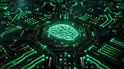 Futuristic Circuit Board with Illuminated Brain Icon - Artificial intelligence