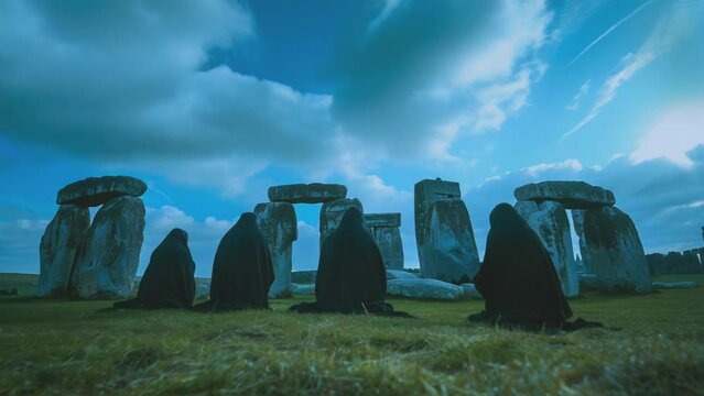 Mysterious figures in cloaks gather at Stonehenge, evoking an aura of ancient rituals and mystique.