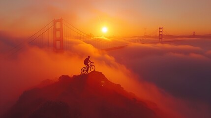 Cyclist on Golden Gate Bridge at dawn, foggy backdrop, active lifestyle theme, city outline in the...