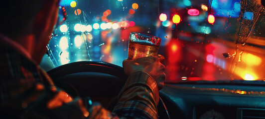 A person holding up their glass of beer while driving, indicating driving under the influence of alcohol, drugs, or any substances that impair the ability to operate a vehicle safely