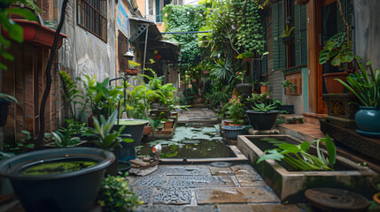 An alley lined with greenery and small ponds creating a natural retreat in the heart of a city.