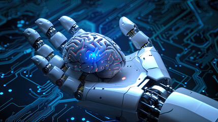 Robotic Hand Holding Glowing Brain Hologram - AI Artificial Intelligence