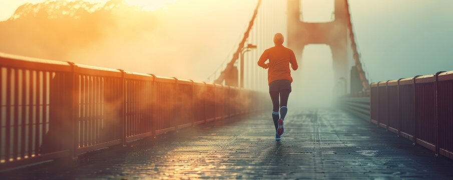 An early jogger, embracing the misty Golden Gate Bridge backdrop, epitomizes health and wellness