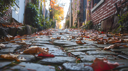An alleyway during autumn with leaves scattered on the cobblestone path.