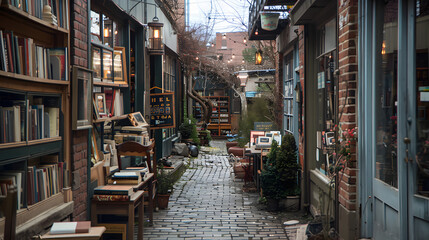 An alley lined with vintage bookshops and antique stores inviting exploration and discovery.
