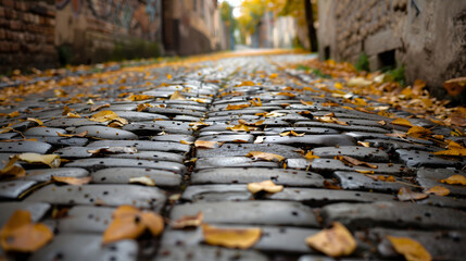 An alleyway during autumn with leaves scattered on the cobblestone path.