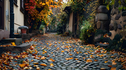 An alleyway during autumn with leaves scattered on the cobblestone path.