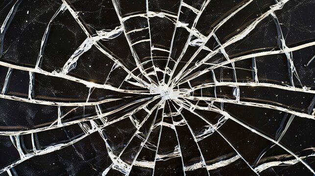 Broken glass on a dark background. After the impact, the glass surface has cracks diverging from the point of impact or bullet hit. The concept of destruction, vulnerability and fragility of existence