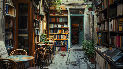 An alley with a small bookshop and cafe inviting passersby to explore and relax.