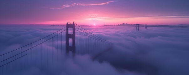 The serene dawn view of Golden Gate Bridge with fog enveloping the area, mirrored on calm waters