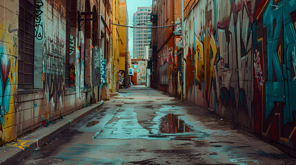 Naklejka premium An artistically graffiti-covered alley in a vibrant urban area.