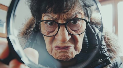 An elderly woman with a magnifying glass to her eyes. The concept of curiosity and scrutinizing something or someone. Illustration for banner, poster, cover, brochure or presentation.