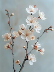 Obraz premium Minimalist photograph showcasing a single branch of blooming cherry blossoms elegantly laid out against a clean white canvas