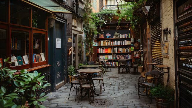An alley with a small bookshop and cafe inviting passersby to explore and relax.