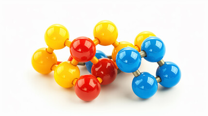 Colorful molecular models with red, blue, and yellow spheres connected by grey bonds