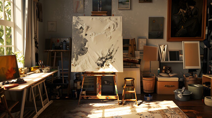An artists retreat man cave with a studio space canvases paints and a relaxing area to draw inspiration.