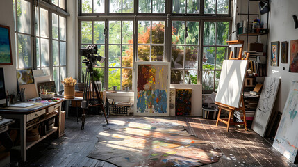 An artists retreat man cave with a studio space canvases paints and a relaxing area to draw inspiration.