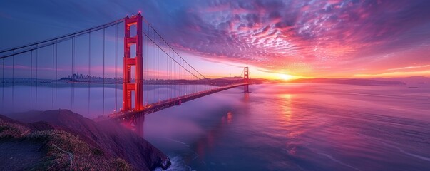 Obraz premium View of Golden Gate Bridge at dawn with rolling fog, vibrant sky in the background from Battery Spencer perspective