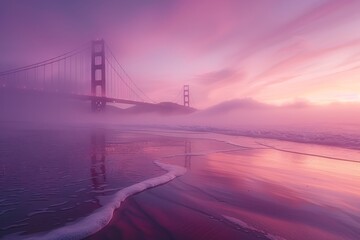 Golden Gate Bridge seen at dawn from a low angle on the beach, with fog rolling in from the ocean, creating a serene scene