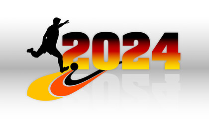 Grafik als Symbolbild f&uuml;r die Fu&szlig;ball EM 2024. Fu&szlig;ballspieler mit Ball vor Jahreszahl als Logo in den Farben Deutschlands gestaltet.