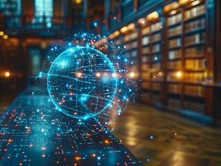 Abstract digital globe with interconnected nodes, set in a grand library. Symbolizes knowledge, technology, and global connectivity.