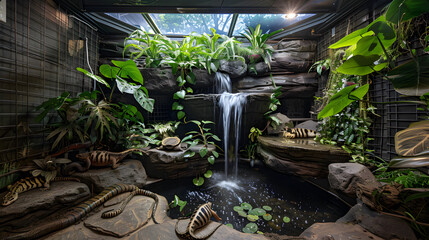 An exotic animal lovers man cave with themed decor a small indoor waterfall and habitats for various reptiles.