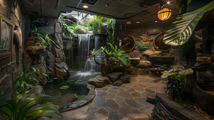 An exotic animal lovers man cave with themed decor a small indoor waterfall and habitats for various reptiles.
