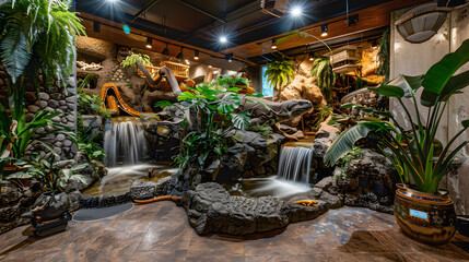 An exotic animal lovers man cave with themed decor a small indoor waterfall and habitats for various reptiles.