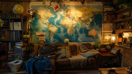 An exotic travel-themed man cave with souvenirs from around the world a map wall and comfortable travel literature reading area.