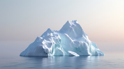 Majestic iceberg floating peacefully on a tranquil sea under soft light, evoking a sense of solitude and natural beauty