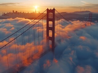 Capturing the Golden Gate Bridge from a drone at dawn, with fog enveloping the towers and a dynamic...